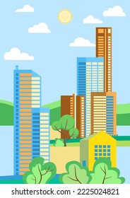 Vector illustration in geometric flat style - city landscape with buildings, hills, bushes and trees