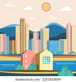 Vector illustration in geometric flat style - city landscape with buildings, hills, bushes and trees.