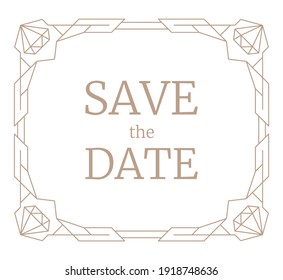 Vector illustration geometric frame, retro line art wedding invitation. Art Deco geometry pattern with jewellery gemstones. Vintage save the date rectangle card template. Trendy gem stone border