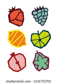 Vector illustration of geometric fruits. Fruit icons. Strawberry, grapes, lemon, apple, pomegranate, pear.