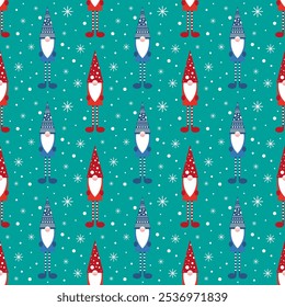 Vector illustration. Geometric gnome Santa Claus seamless pattern cartoon on blue background.