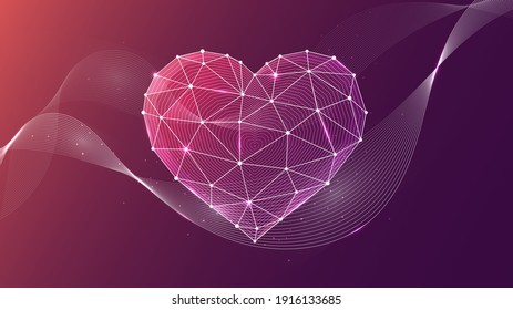 Vector illustration of a geometric heart made of lines and dots on a purple background. A modern linear template on the theme of love, romance or passion.