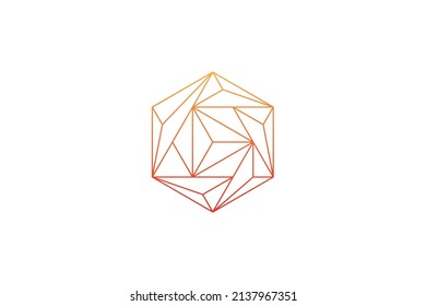 Vector illustration of geometric hexamedia logo, a combination of hexagonal and media icons with gradient colors