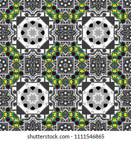 Vector illustration. Geometric hipster tiles background. Abstract retro seamless pattern of geometric shapes. Colorful mosaic backdrop in white, blue and gray colors.