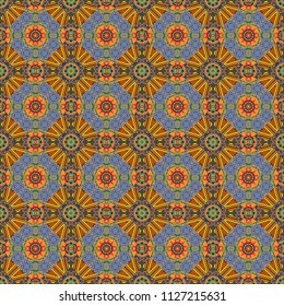 Vector illustration. Geometric hipster tiles background. Abstract retro seamless pattern of geometric shapes. Colorful mosaic backdrop in brown, blue and orange colors.