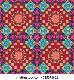 Vector illustration. Geometric hipster tiles background. Colorful mosaic backdrop in blue, beige and red colors. Abstract retro seamless pattern of geometric shapes.