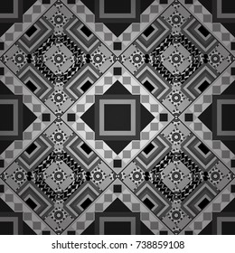 Vector illustration. Geometric hipster tiles background. Colorful mosaic backdrop in gray, black and white colors. Abstract retro seamless pattern of geometric shapes.