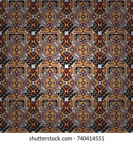Vector illustration. Geometric hipster tiles background. Colorful mosaic backdrop in orange, black and white colors. Abstract retro seamless pattern of geometric shapes.