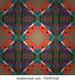 Vector illustration. Geometric hipster tiles background. Colorful mosaic backdrop in beige, green and gray colors. Abstract retro seamless pattern of geometric shapes.