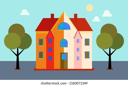 Vector illustration: geometric house with windows, a door and an attic near trees. Simple icon. Flat design.