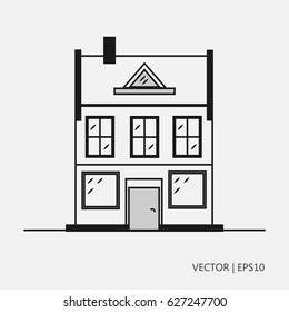 Vector illustration: geometric house with windwows, door and attic. Simple icon. Flat design. Drawings for children, coloring pages