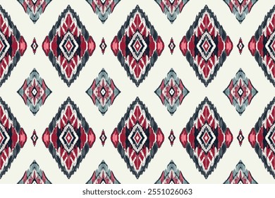 Una Ilustración vectorial de un patrón ikat geométrico que combina la sofisticación del arte tradicional de tejer. Los diamantes apilados en rojo, azul y blanco representan una identidad popular simple y encantadora.