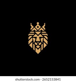 A vector illustration of a geometric lion head with a crown, set against a black background. The design is clean, modern, and suitable for logo or brand identity.