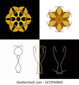VECTOR ILLUSTRATION GEOMETRIC MANDALA GOLD ABSTRACK. LOGO I AND Y, BACKGROUND BLACK AND WHITE