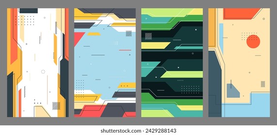 Vektorgrafik. Geometrischer Bewegungsstil. Flache minimalistische Tapete. Design für Flyer, Gutschein, Gutschein. In: Modern Art Graphic. Dynamischer Rahmen. Stilvoller geometrischer Hintergrund. 70er, 80er Jahre Grafik