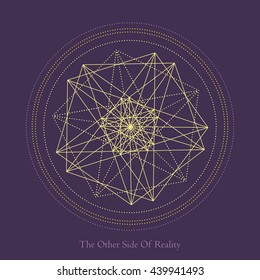 Vector illustration of the geometric mystical sight on the violet background with text The Other Side Of Reality. Vector linear design symbol of alchemy,religion and spirituality. Image for logo,music