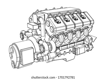 Vector illustration of a geometric polygonal V8 engine. Linear engine.