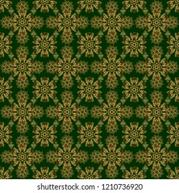 Vector illustration. Geometric repeating seamless pattern with hexagon shapes in gold gradient on a green background.