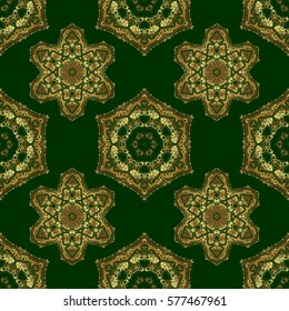 Vector illustration. Geometric repeating seamless pattern with hexagon shapes in gold gradient on a green background.