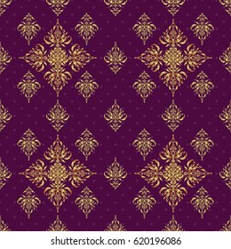 Vector illustration. Geometric repeating seamless pattern with hexagon shapes in gold gradient on a purple background.