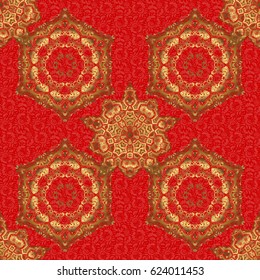 Vector illustration. Geometric repeating seamless pattern with hexagon shapes in gold gradient on a red background.