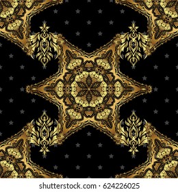 Vector illustration. Geometric repeating seamless pattern with hexagon shapes in gold gradient on a black background.