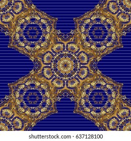 Vector illustration. Geometric repeating seamless pattern with hexagon shapes in gold gradient on a blue background.