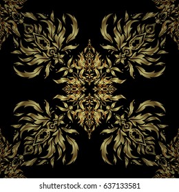 Vector illustration. Geometric repeating seamless pattern with hexagon shapes in gold gradient on a black background.