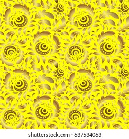 Vector illustration. Geometric repeating seamless pattern with hexagon shapes in gold gradient on a yellow background.