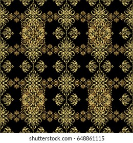 Vector illustration. Geometric repeating seamless pattern with hexagon shapes in gold gradient on a black background.