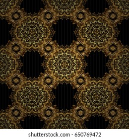 Vector illustration. Geometric repeating seamless pattern with hexagon shapes in gold gradient on a black background.
