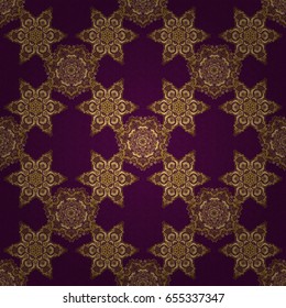 Vector illustration. Geometric repeating seamless pattern with hexagon shapes in gold gradient on a purple background.