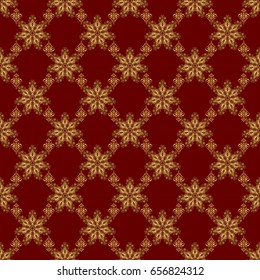 Vector illustration. Geometric repeating seamless pattern with hexagon shapes in gold gradient on a red background.