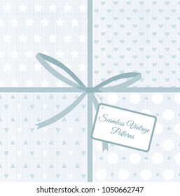 Vector illustration of geometric retro seamless patterns on fabric texture backgrounds, vintage light blue color linen cloth.