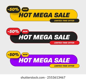 Vector illustration of geometric rounded banner for advertising mega hot sale, 50% discount, colorful limited time offer flyer. Best price now template, marketing business promotion.