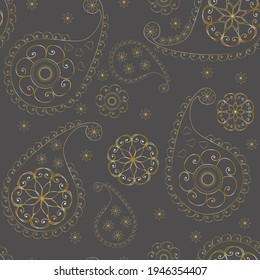 Vector illustration of a geometric seamless pattern on a dark background. Oriental ornament of gold color. Design for textiles, fabrics, wallpaper, interior items, packaging.