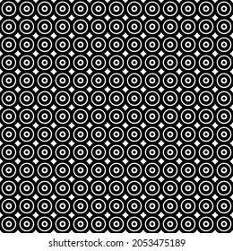 Vector illustration. Geometric seamless pattern. Solid dots and rhombus-shaped linear circles. Spotted black and white background. Simple black and white abstract pattern.