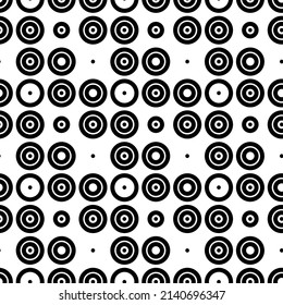 Vector illustration. Geometric seamless pattern. Solid dots and rhombus-shaped linear circles. Spotted black and white background. Simple black and white abstract pattern.