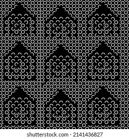 Vector illustration. Geometric seamless pattern. Contour circle, semicircle and quarter circle in the shape of a house. Spotted black and white background. Simple abstract background with polka dots.