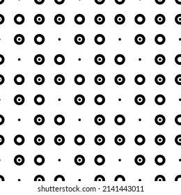Vector illustration. Geometric seamless pattern. Solid dots and rhombus-shaped linear circles. Spotted black and white background. Simple black and white abstract pattern.