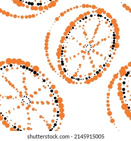 Vector illustration. Geometric seamless pattern. Juicy orange, lemon consisting of dots of different sizes, dotted line. Spotted abstract summer background in the form of citrus fruits.