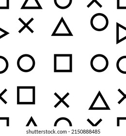 vector illustration geometric seamless pattern with triangles, squares, circles and crosses on white background.