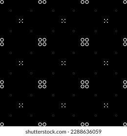 Vector illustration. Geometric seamless pattern. The solid dots and linear circles in the rows form a rhombus shape. Spotted grey, black and white background. Simple monochrome abstract pattern.