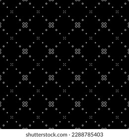 Vector illustration. Geometric seamless pattern. The solid dots and linear circles in the rows form a rhombus shape. Spotted grey, black and white background. Simple monochrome abstract pattern.