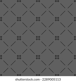 Vector illustration. Geometric seamless pattern. The solid dots and linear circles in the rows form a rhombus shape. Spotted grey, black and white background. Simple monochrome abstract pattern.
