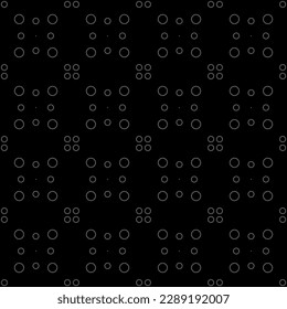 Vector illustration. Geometric seamless pattern. The solid dots and linear circles in the rows form a rhombus shape. Spotted grey, black and white background. Simple monochrome abstract pattern.