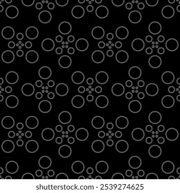 Vector illustration. Geometric seamless pattern. The solid dots and linear circles in the rows form a rhombus shape. Spotted grey, black and white background. Simple monochrome abstract pattern.