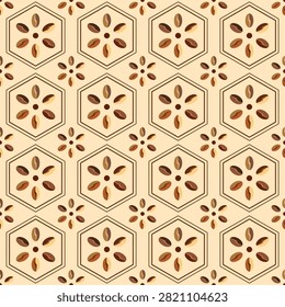 Vector illustration of a geometric seamless pattern background featuring coffee beans arranged in flower-like hexagonal frames. Designed in warm mocca, beige, and brown colors, perfect for coffee packaging paper, cafe wallpaper, textile prints, and coffee shop identity.