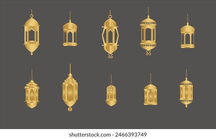 Conjunto geométrico de Ilustración vectorial Linterna de oro de lujo Islami. Varios iconos de lámparas de araña de Ramadán, linternas de Ramadán, linternas de Eid Al Adha, linternas de Eid Fitri y luces decorativas