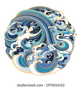 Vector illustration of geometric shape circle with marine waves in traditional oriental style. Graphic element for design.